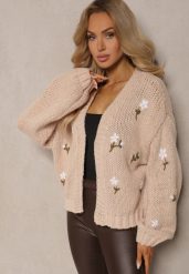 Brązowy Kardigan w Kwiatowe Aplikacje z Zapięciem na Elegancką Agrafkę Patista. Brązowe kardigany damskie Renee, z aplikacjami, z bawełny, biznesowe, bez kołnierzyka. Za 159.99 zł.