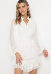 Beżowa Rozkloszowana Sukienka z Falbanką Harlin. Brązowe sukienki damskie Born2be, m, bez wzorów, bez kołnierzyka, bez ramiączek, mini, rozkloszowane. Za 169.99 zł.