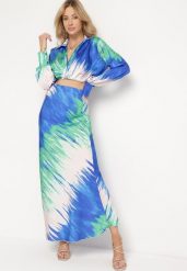 Zielono-Granatowy Letni Komplet Krótka Koszula z Przeplatanym Dekoltem Spódnica z Gumką w Pasie Wedna. Zielone koszule damskie Born2be, m, bez wzorów, bez kołnierzyka, bez ramiączek. Za 169.99 zł.