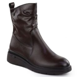 Botki damskie na koturnie brązowe Vinceza 26-58557. Brązowe botki damskie VINCEZA, bez wzorów, ze skóry ekologicznej, eleganckie, bez obcasa, na koturnie, bez zapięcia. Za 99.99 zł.