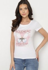 Biały Bawełniany T-shirt z Nadrukiem Motyla i Cyrkoniami Uliriela. Białe t-shirty damskie Born2be, s, bez wzorów, z bawełny, klasyczne, bez kołnierzyka, bez ramiączek. Za 34.99 zł.