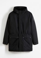 Parka Essential hybrydowa, termiczna, z puchu z recyklingu, spodnia strona pikowana. Czarne parki męskie bonprix, m, bez wzorów, z hardshellu, bez kołnierzyka, bez kaptura. Za 649.99 zł.