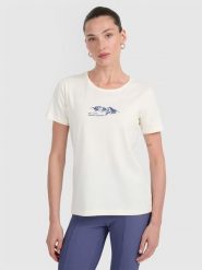 4F T-shirt regular z nadrukiem damski - biały XS. Białe t-shirty damskie 4F, xs, bez wzorów, z bawełny, bez kołnierzyka, bez ramiączek. Za 59.99 zł.