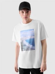 4F T-shirt oversize z nadrukiem męski - biały M. Białe t-shirty męskie 4F, m, bez wzorów, z bawełny, bez kołnierzyka, bez ramiączek. W wyprzedaży za 29.99 zł.