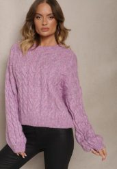 Fioletowy Sweter z Domieszką Wełny o Prostym Kroju Zdobiony Splotem w Warkocz Durira. Fioletowe swetry nierozpinane damskie Renee, z aplikacjami, z jeansu, casualowe, bez kołnierzyka, bez ramiączek. Za 159.99 zł.