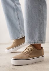 Ciemnobeżowe Klasyczne Tenisówki z Ozdobnym Paskiem przy Podeszwie Ranora. Brązowe obuwie sportowe damskie Born2be, bez wzorów, z dresówki, bez zapięcia, tenisowe. Za 49.99 zł.