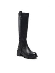 DeeZee Kozaki H1003-01 Czarny. Czarne kozaki damskie DeeZee, bez wzorów, ze skóry, bez obcasa, na słupku, bez zapięcia. Za 219.99 zł.