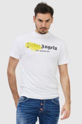 PALM ANGELS Biały t-shirt męski z logo. Białe t-shirty męskie PALM ANGELS, m, bez wzorów, prążkowane, bez kołnierzyka, bez ramiączek. W wyprzedaży za 699.99 zł.