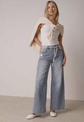 Niebieskie Jeansy z Bawełną o Szerokim Kroju z Wysokim Stanem i Sznurkowym Paskiem Ianaia. Niebieskie jeansy damskie Born2be, bez wzorów, z bawełny, klasyczne, z podwyższonym stanem. Za 119.99 zł.