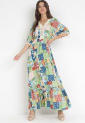 Zielona Rozkloszowana Sukienka Maxi w Patchworkowy Wzór Daliah. Zielone sukienki damskie Born2be, l, z aplikacjami, bez kołnierzyka, bez ramiączek, maxi, rozkloszowane. Za 109.99 zł.