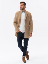 Płaszcz męski klasyczny jednorzędowy - piaskowy V2. Żółte płaszcze męskie Ombre Clothing, na wiosnę, m, bez wzorów, eleganckie, bez kołnierzyka, bez kaptura. W wyprzedaży za 199.99 zł.