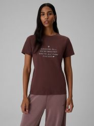 4F T-shirt regular z nadrukiem damski - brązowy M. Brązowe t-shirty damskie 4F, m, bez wzorów, z bawełny, klasyczne, bez kołnierzyka, bez ramiączek. Za 69.99 zł.