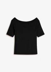 T-shirt z dekoltem carmen z mieszanki wiskozy. Czarne t-shirty damskie bonprix, bez wzorów, z wiskozy, bez kołnierzyka, bez ramiączek. Za 52.99 zł.