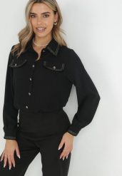 Czarna Koszula z Biżuteryjnymi Guzikami i Eleganckimi Lamówkami Athehir. Czarne koszule damskie Born2be, m, bez wzorów, eleganckie, bez kołnierzyka, bez ramiączek. Za 129.99 zł.