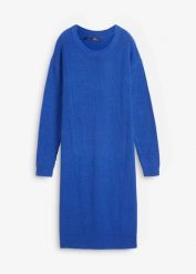 Sukienka dzianinowa oversize, z prążkowanej mieszanki bawełny. Niebieskie sukienki damskie bonprix, bez wzorów, z bawełny, bez kołnierzyka, bez ramiączek, oversize. Za 139.99 zł.