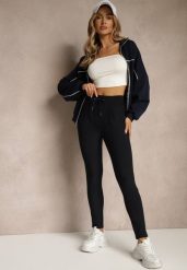 Granatowe Dopasowane Spodnie High Waist z Gumką i Wiązaniem w Talii Zelpia. Niebieskie spodnie materiałowe damskie Renee, bez wzorów, z jeansu, eleganckie, z podwyższonym stanem. Za 49.99 zł.