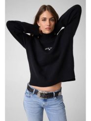 Guess Jeans Sweter 184168 Czarny Classic Fit. Czarne swetry nierozpinane damskie Guess Jeans, xxl, z aplikacjami, z jeansu, bez kołnierzyka, bez ramiączek. Za 389.99 zł.
