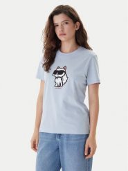 KARL LAGERFELD T-Shirt A1W17128 Błękitny Regular Fit. Niebieskie t-shirty damskie KARL LAGERFELD, l, bez wzorów, z bawełny, bez kołnierzyka, bez ramiączek. Za 389.99 zł.