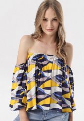 Granatowo-Żółta Bluzka Adreney. Niebieskie bluzki damskie Born2be, bez wzorów, bez kołnierzyka, bez ramiączek. Za 34.99 zł.