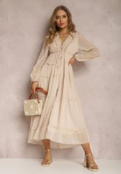 Beżowa Sukienka Endeina. Brązowe sukienki damskie Renee, m, z aplikacjami, z tkaniny, bez kołnierzyka, bez ramiączek, maxi, rozkloszowane. Za 169.99 zł.