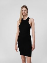 4F Sukienka na ramiączkach z prążkowanej dzianiny damska S. Czarne sukienki damskie 4F, na co dzień, s, bez wzorów, z dzianiny, bez kołnierzyka, bez ramiączek, dopasowane. W wyprzedaży za 9.99 zł.