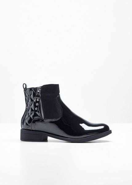 Botki w optyce lakierowanych. Czarne botki damskie bonprix, bez wzorów, eleganckie, bez obcasa, bez zapięcia. Za 169.99 zł.