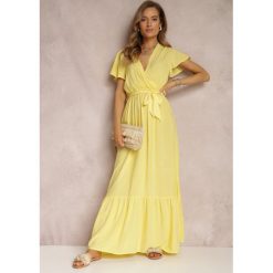 Żółta Sukienka Metia. Żółte sukienki damskie Renee, m, bez wzorów, z materiału, bez kołnierzyka, bez ramiączek, maxi. Za 49.99 zł.