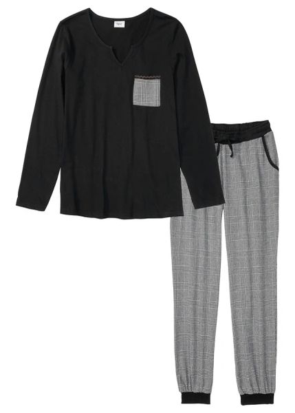 Piżama ze spodniami z flaneli. Czarne piżamy damskie bonprix, bez wzorów, z bawełny, bez ramiączek. Za 119.99 zł.