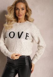 Jasnobeżowy Sweter z Ozdobnym Napisem Wykończony Ściągaczami Minisoji. Brązowe swetry nierozpinane damskie Renee, l, bez wzorów, z elastanu, casualowe, bez kołnierzyka, bez ramiączek. Za 99.99 zł.