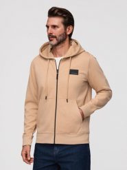 Męska rozpinana dresowa bluza z kapturem i patchem – piaskowa V2. Brązowe bluzy sportowe męskie Ombre Clothing, m, bez wzorów, z bawełny, z kapturem, trekkingowe. Za 169.99 zł.