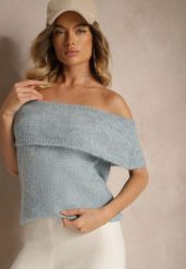 Niebieski Sweter Top z Hiszpańskim Wywijanym Dekoltem z Wełną Inarose. Niebieskie swetry nierozpinane damskie Renee, m, bez wzorów, z wełny, casualowe, bez kołnierzyka, bez ramiączek. Za 89.99 zł.