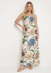 Jasnobeżowa Sukienka z Wiskozą i Lnem w Kwiaty Rinetia. Brązowe sukienki damskie Born2be, na spacer, na wiosnę, l, bez wzorów, z wiskozy, eleganckie, bez kołnierzyka, bez ramiączek, maxi, sportowe. Za 59.99 zł.