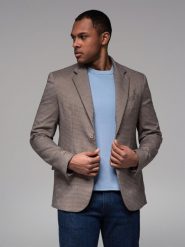 Marynarka męska casual w delikatną kratkę - brązowa V1 - Rozmiar: M. Brązowe marynarki męskie Ombre Clothing, m, bez wzorów, z poliesteru, casualowe, bez kołnierzyka, bez ramiączek. W wyprzedaży za 149.99 zł.