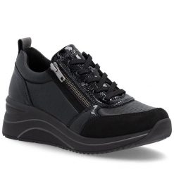 Półbuty damskie sneakersy na koturnie czarne Remonte Rieker D0T22-03. Czarne półbuty damskie Remonte, bez wzorów, ze skóry ekologicznej, bez obcasa, na koturnie, bez zapięcia. Za 429.00 zł.