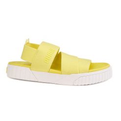 Sandały Puma Cali neonowożółte, materiałowe, płaska podeszwa, sportowo-casual. Żółte sandały damskie Puma, bez wzorów, z materiału, z okrągłym noskiem, bez obcasa, na płaskiej podeszwie, bez zapięcia. Za 339.99 zł.