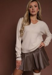 Beżowy Sweter z Wełną i Wiskozą z Trójkątnym Dekoltem Kaitte. Brązowe swetry nierozpinane damskie Renee, bez wzorów, z jeansu, casualowe, bez kołnierzyka, bez ramiączek. Za 99.99 zł.