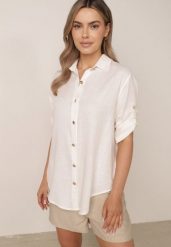 Biała Koszula Casual z Wiskozą i Lnem z Rękawami 3/4 Linyana. Białe koszule damskie Born2be, l, bez wzorów, z jeansu, casualowe, bez kołnierzyka, bez ramiączek. Za 99.99 zł.