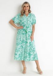 Miętowa Sukienka Gertisa. Zielone sukienki damskie Born2be, na co dzień, l, bez wzorów, z wiskozy, eleganckie, bez kołnierzyka, bez ramiączek, midi, kopertowe. Za 79.99 zł.