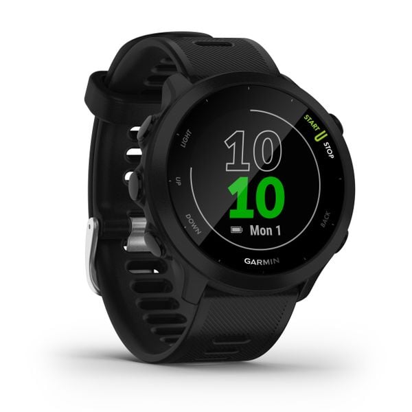 Zegarek do biegania z GPS Garmin Forerunner 55 Black. Czarne, cyfrowe zegarki damskie Garmin, z aplikacjami, z materiału, plastikowe. Za 629.99 zł.