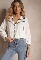 Biała Bawełniana Koszula Boho z Haftowanym Wzorem Gonniva. Białe koszule damskie Renee, l, bez wzorów, z bawełny, boho, bez kołnierzyka, bez ramiączek. Za 84.99 zł.