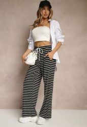 Czarne Spodnie z Wiskozą o Szerokim Kroju High Waist w Paski Bormio. Czarne spodnie materiałowe damskie Renee, bez wzorów, z jeansu, z podwyższonym stanem. Za 54.99 zł.