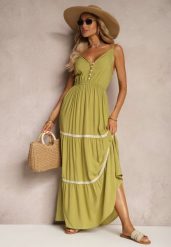 Jasnozielona Sukienka Zapinana na Guziki na Ramiączkach z Gumką w Talii i Falbanką Tiamalia. Zielone sukienki damskie Renee, na imprezę, l, bez wzorów, eleganckie, bez kołnierzyka, bez ramiączek, maxi. Za 39.99 zł.
