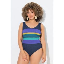 Damskie Strój kąpielowy paski bez miękkich miseczek okrągły dekolt. Niebieskie stroje kąpielowe damskie Ulla Popken, plus size, bez wzorów, z bawełny. Za 239.99 zł.