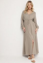 Beżowa Rozkloszowana Sukienka z Lnem i Wiskozą Zdobiona Guzikami Maitiella. Brązowe sukienki damskie Born2be, na co dzień, na lato, l, z aplikacjami, z wiskozy, eleganckie, bez kołnierzyka, bez ramiączek, maxi, kopertowe. Za 159.99 zł.