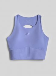 4F Crop top do jogi szybkoschnący damski - niebieski XL. Niebieskie topy damskie 4F, l, bez wzorów, z gumy, biznesowe, bez kołnierzyka, bez ramiączek. Za 119.99 zł.