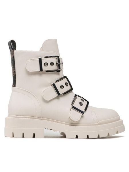Guess Botki FL7OBI LEA10 Écru. Białe botki damskie Guess, z aplikacjami, ze skóry, bez obcasa, na płaskiej podeszwie, bez zapięcia. Za 789.99 zł.