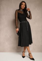 Czarna Spódnica Rozkloszowana z Wiskozą High Waist Ozdobiona Łańcuszkiem Olirive. Czarne spódnice damskie Renee, na co dzień, l, bez wzorów, z wiskozy, eleganckie, z podwyższonym stanem, midi, dopasowane. Za 119.99 zł.