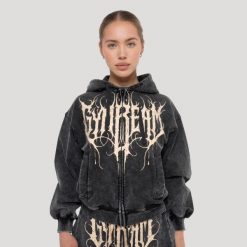 Bluza damska fitness z kapturem i zamkiem grafitowa Abyss. Szare bluzy damskie GYMBEAM, s, bez wzorów, z bawełny, klasyczne, bez ramiączek, z kapturem. Za 148.90 zł.