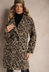 Beżowy Panterkowy Płaszcz Dwurzędowy z Wsuwanymi Kieszeniami Niarelith. Brązowe płaszcze damskie Renee, bez wzorów, z jeansu, eleganckie, bez kołnierzyka, bez kaptura. Za 289.99 zł.