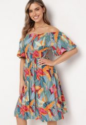 Zielono-Pomarańczowa Wiskozowa Rozkloszowana Sukienka z Bufiastymi Rękawami i Elastyczną Gumką w Talii Biatala. Zielone sukienki damskie Born2be, na co dzień, m, bez wzorów, z materiału, eleganckie, bez kołnierzyka, bez ramiączek, mini, proste. Za 59.99 zł.